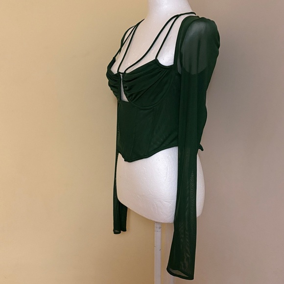 Fashion Nova Dark Green Melanie Mesh Corset Top with Detachable Sheer Sleeves S - Picture 3 of 10